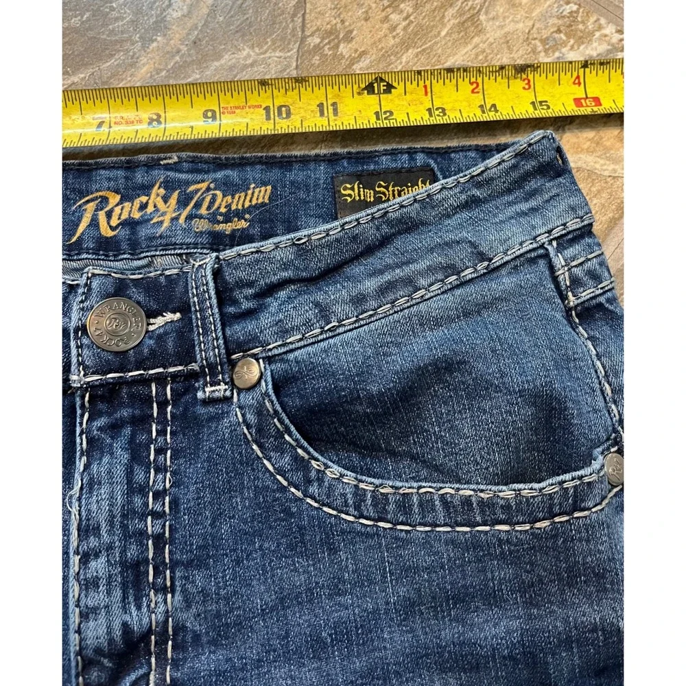 Wrangler Rock 47 Jeans Mens 31x36 Blue Slim Straight Contrast Stitch